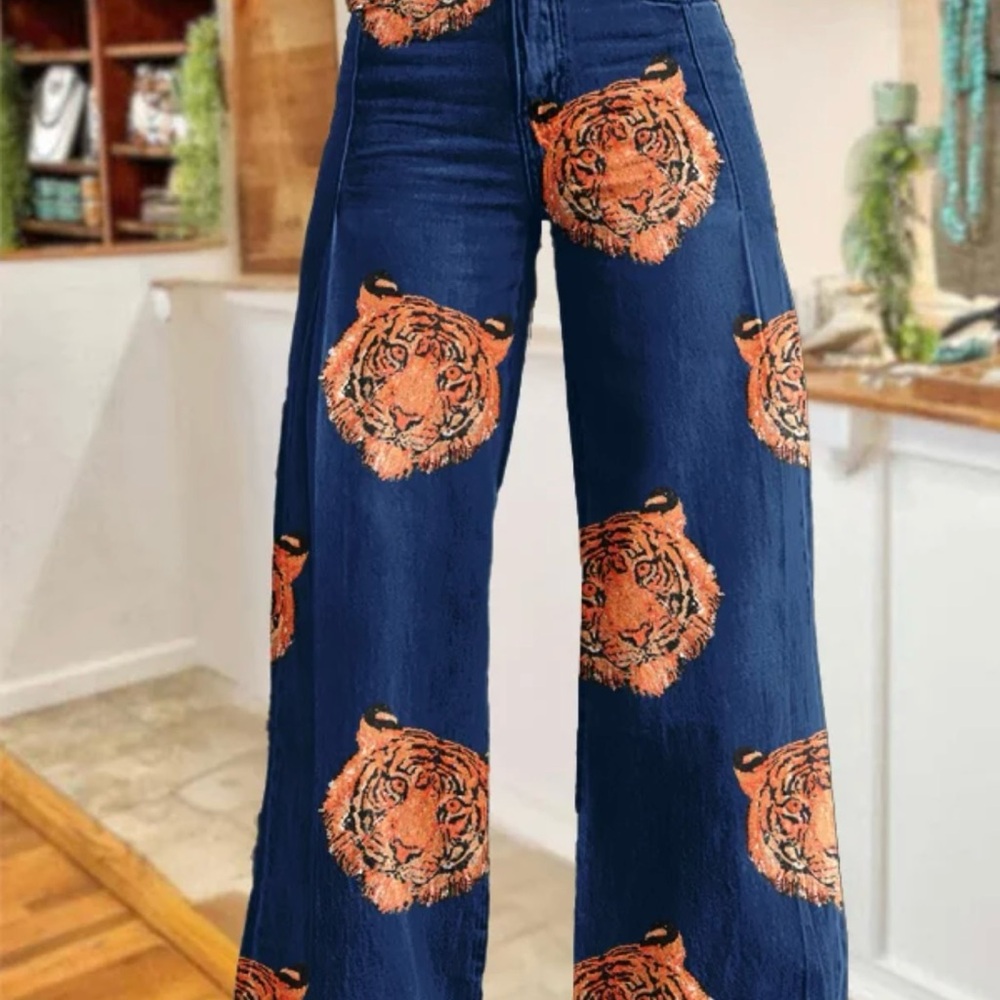 High Rise Blue Tiger Print Jeans